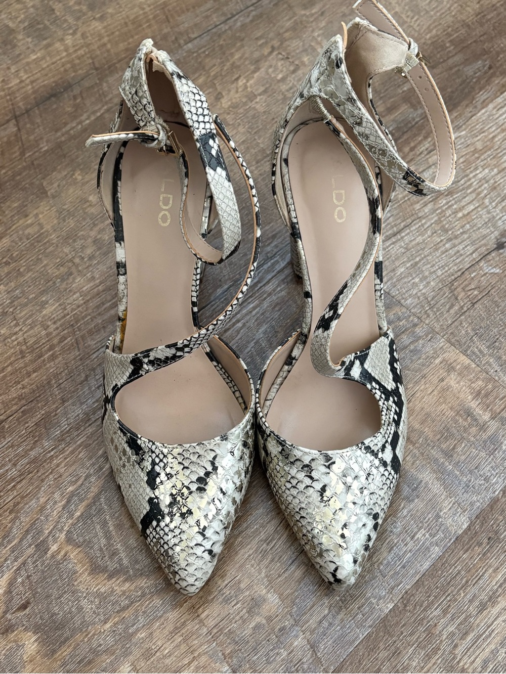 Aldo Snakeskin-Print Pointed Toe Ankle-Strap Heels in Beige and Black